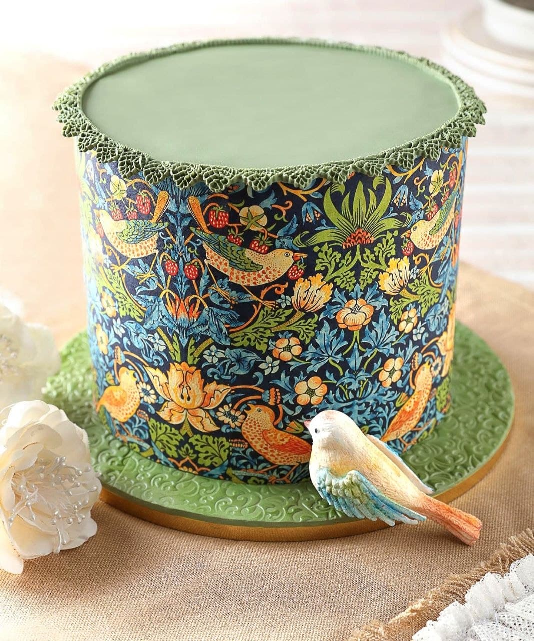 Cake wrapped in William Morris Strawberry Thief edible print